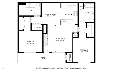 Floor plan for 2 beds, 2 baths, 1011 sqft